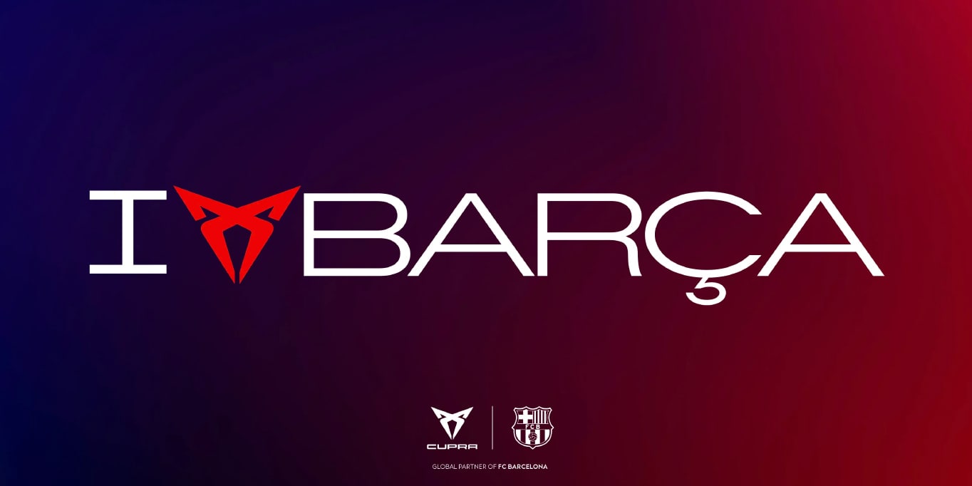 CUPRA and FC Barcelona partnership renewal logo and gradient background.