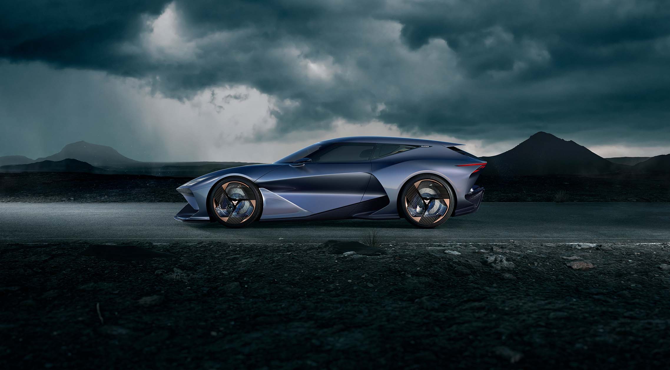 Side of CUPRA DarkRebel car in a dark and stormy setting. Side of CUPRA DarkRebel car in a dark and stormy setting.