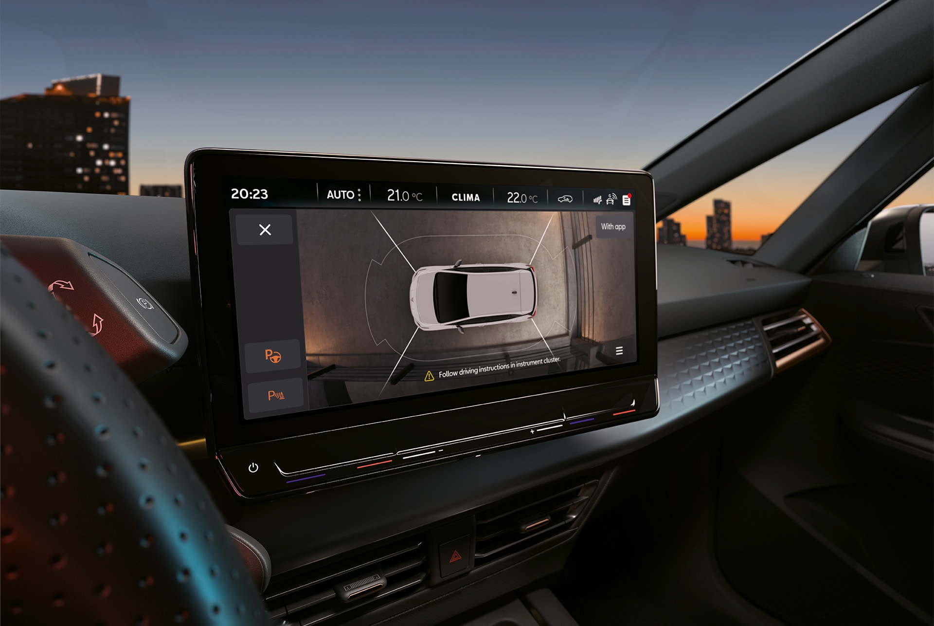 CUPRA Born top camera view of 12” infotainment online screen