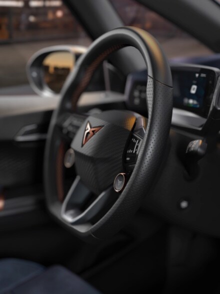 CUPRA Born interior view of the multifunctional steering wheel 