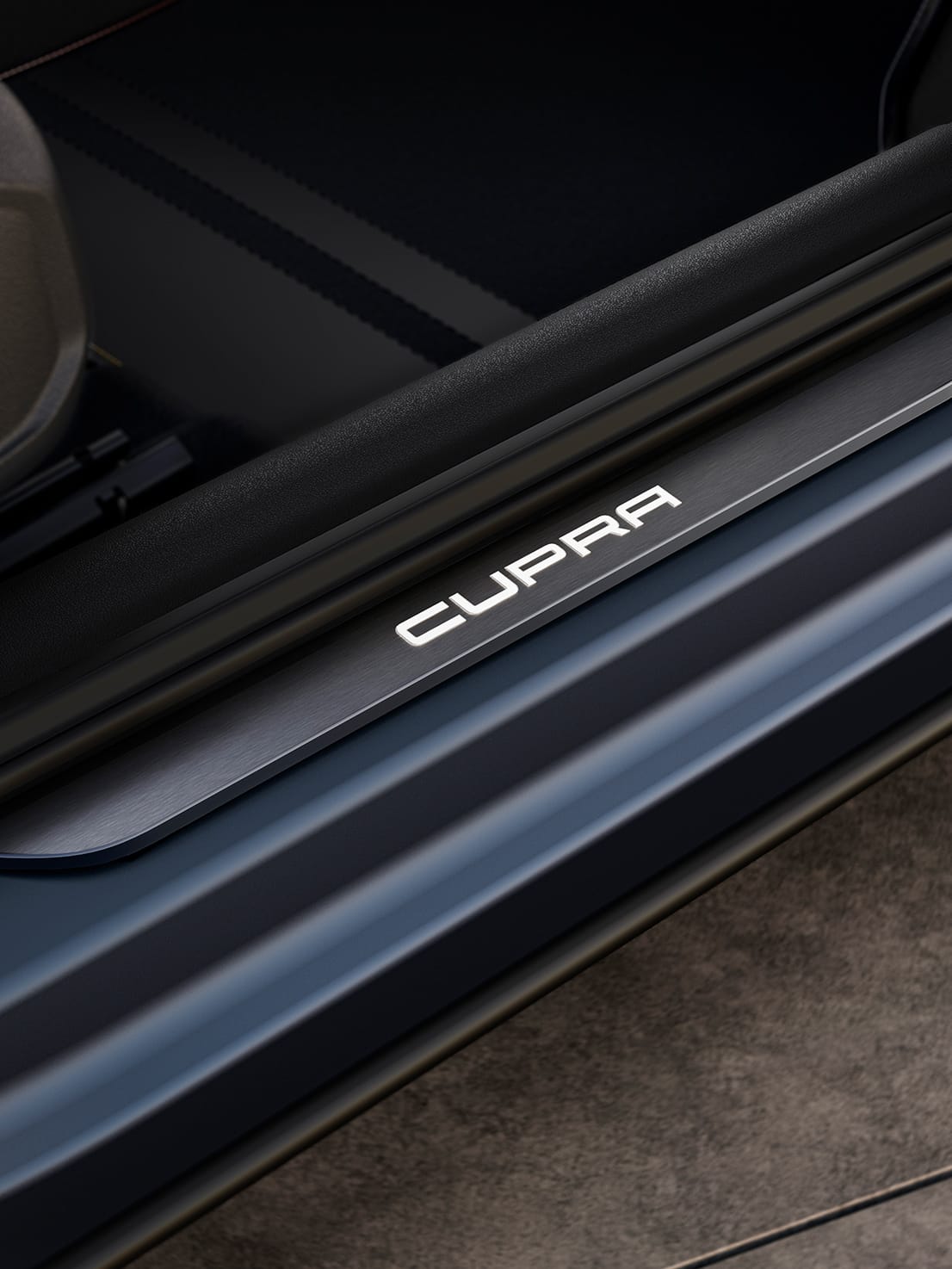 new cupra formentor compact suv with illuminated cupra detailing on door sills