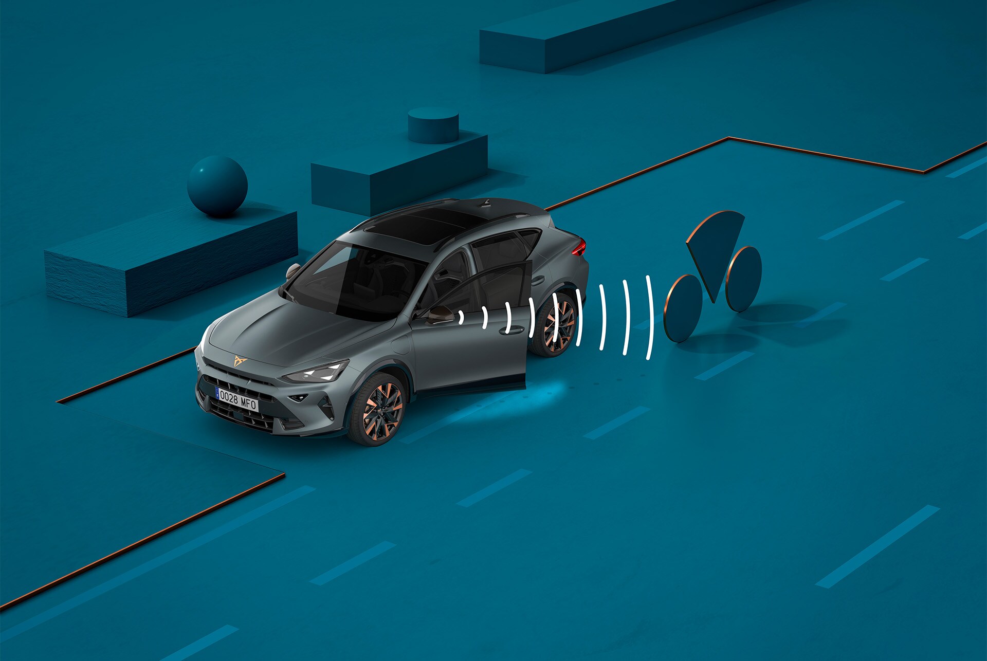 How to use CUPRA Formentor 2025 exit warning system, visual demo with shapes and blue background.