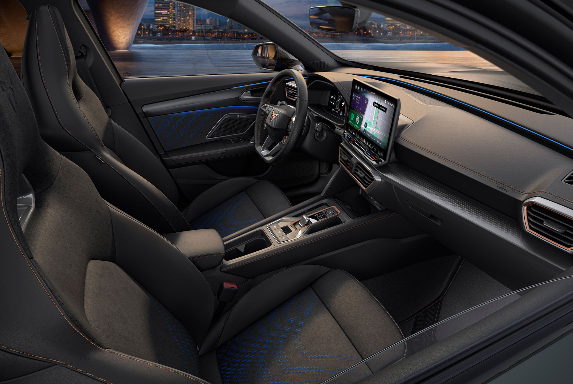 Angle, side shot of the driver and passenger electric bucket seats, crafted from 73% recycled vegan microfibre. These seats are part of the Dynamic Design available for the CUPRA Formentor.