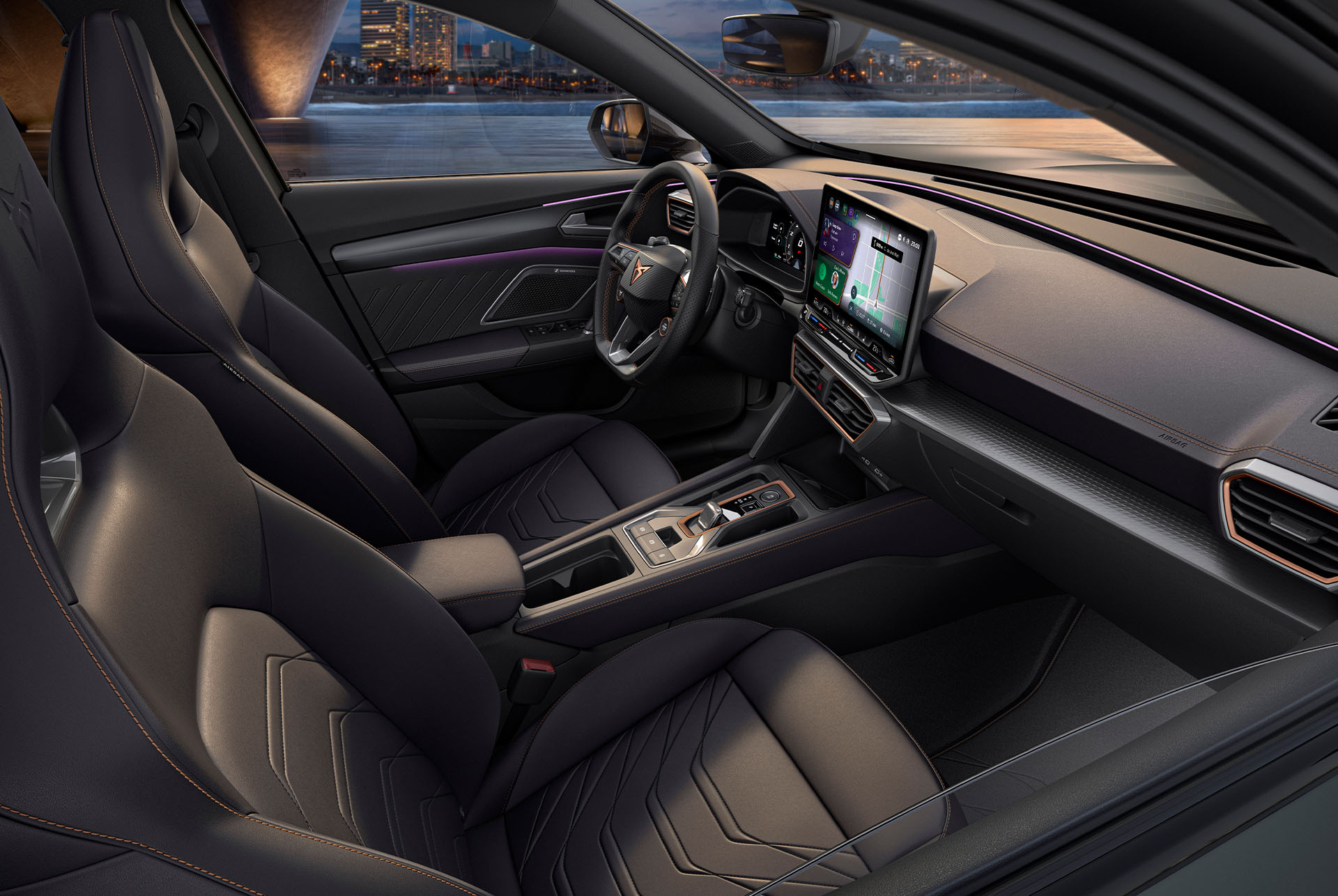 Angle shot of the driver and passenger bucket seats, upholstered in authentic black leather. These seats are part of the Progressive Design upgrade for the CUPRA Formentor.