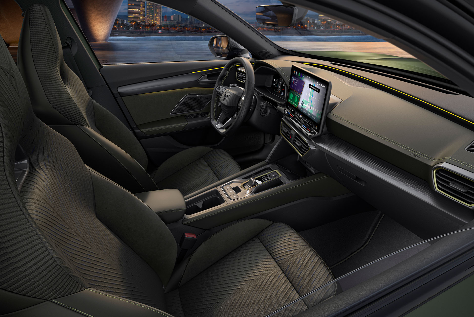 CUPRA Terramar’s interior close-up showing the High Canyon pack details, including heated dark burgundy seats and a dashboard completed with copper accents.