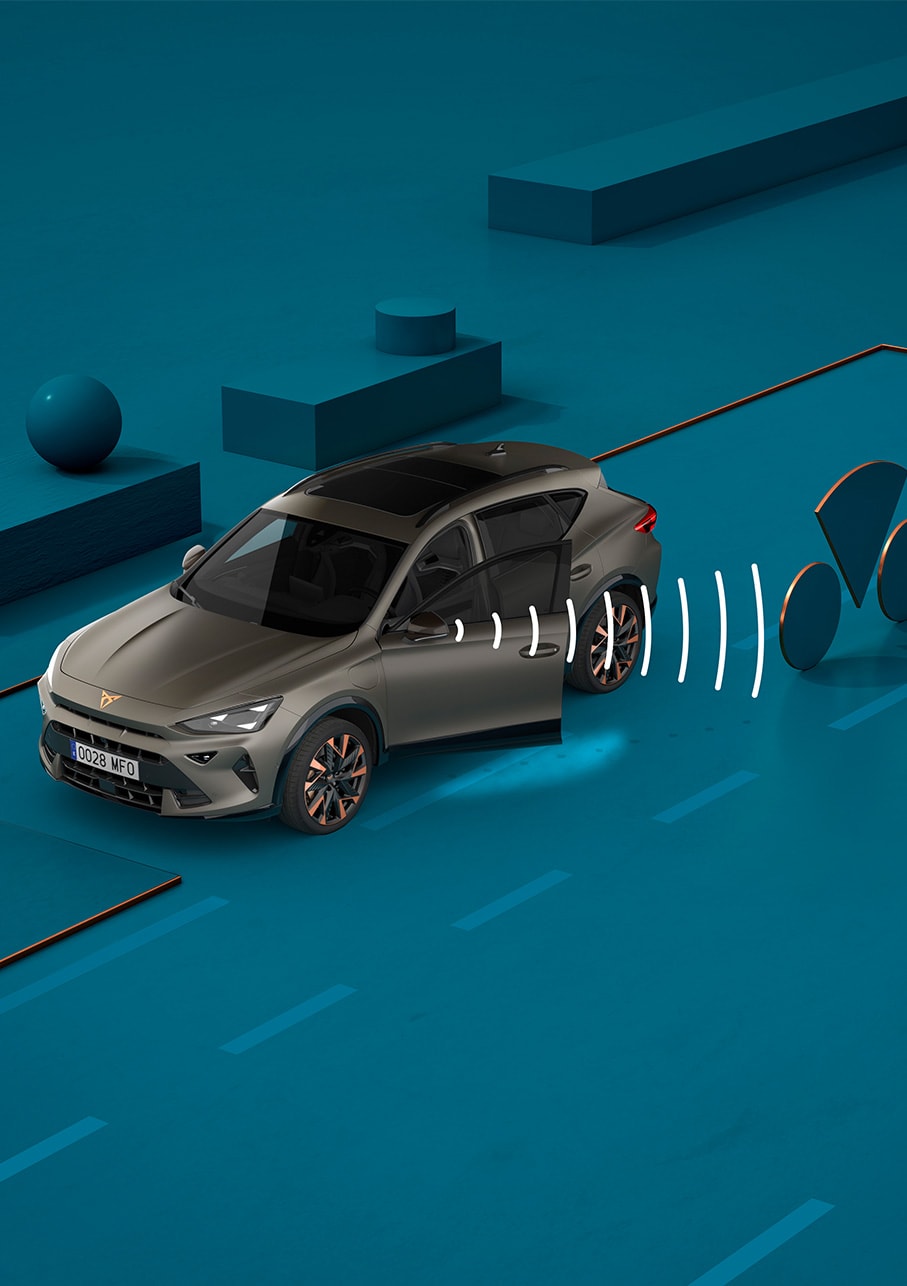 How to use new CUPRA Formentor 2025 exit warning system, visual demo with shapes and blue background.