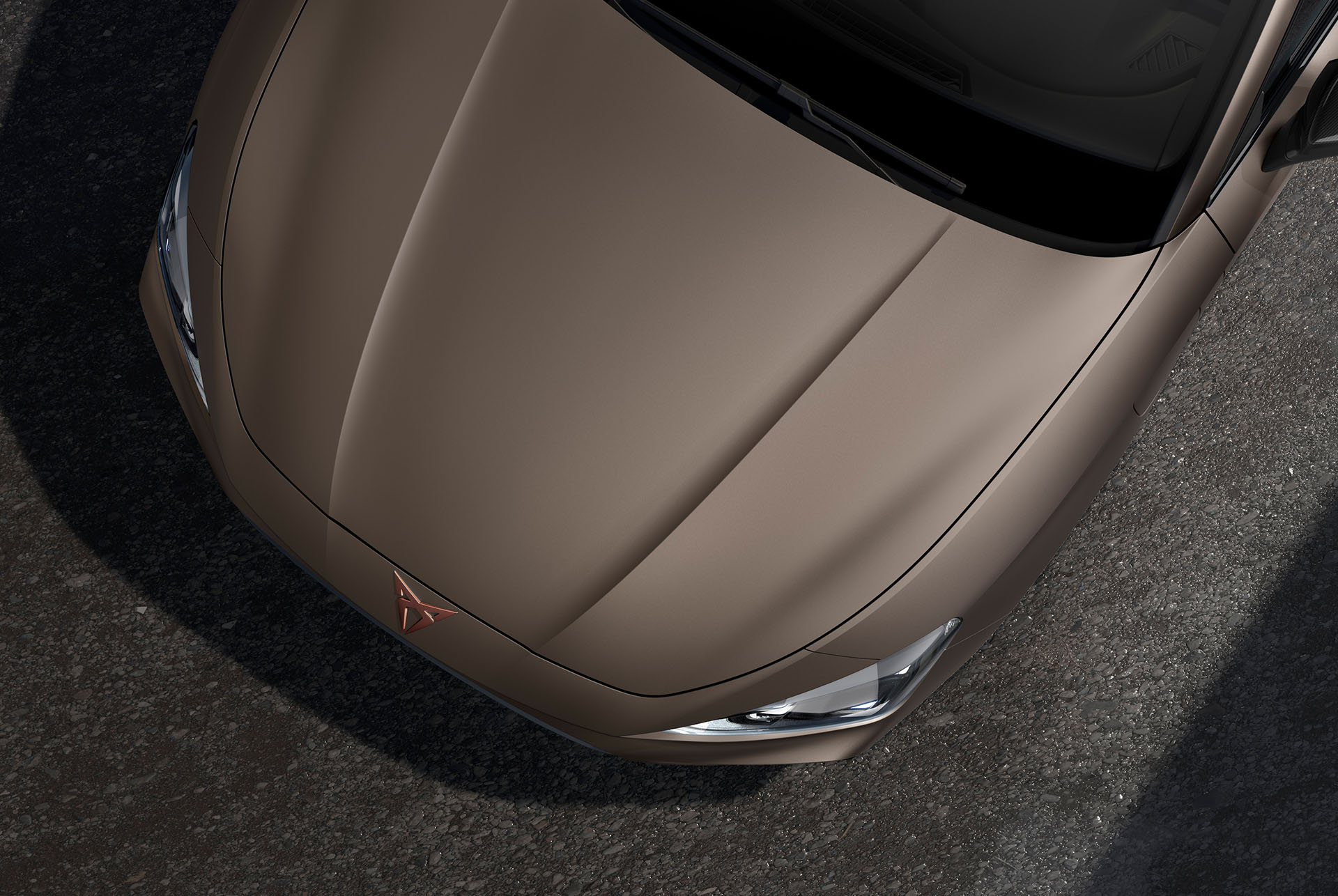 bird’s eye view of an century bronze matt new cupra leon sportstourer 2025 car hood