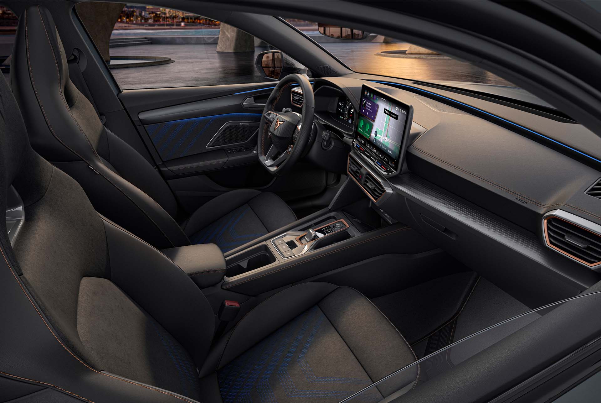 new cupra leon sportstourer 2025 dynamic interior design, bucket seats made from recycled vegan microfibre material, electric memory functions and heating settings.