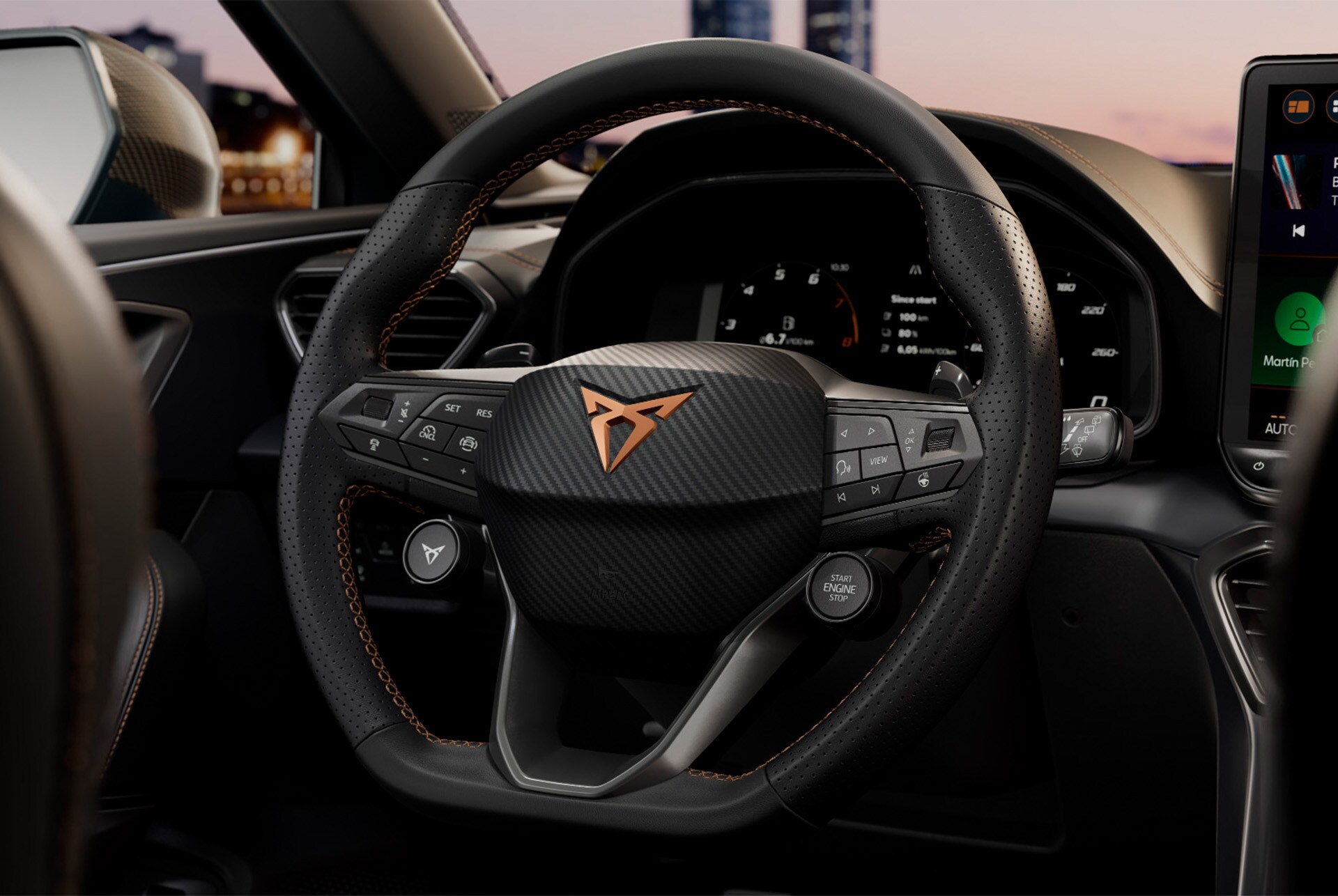 new cupra leon sportstourer 2025, steering wheel with satelite controls,  safety tech advanced assistance systems, adaptive cruise control, lane keeping and live dynamic road sign display.
