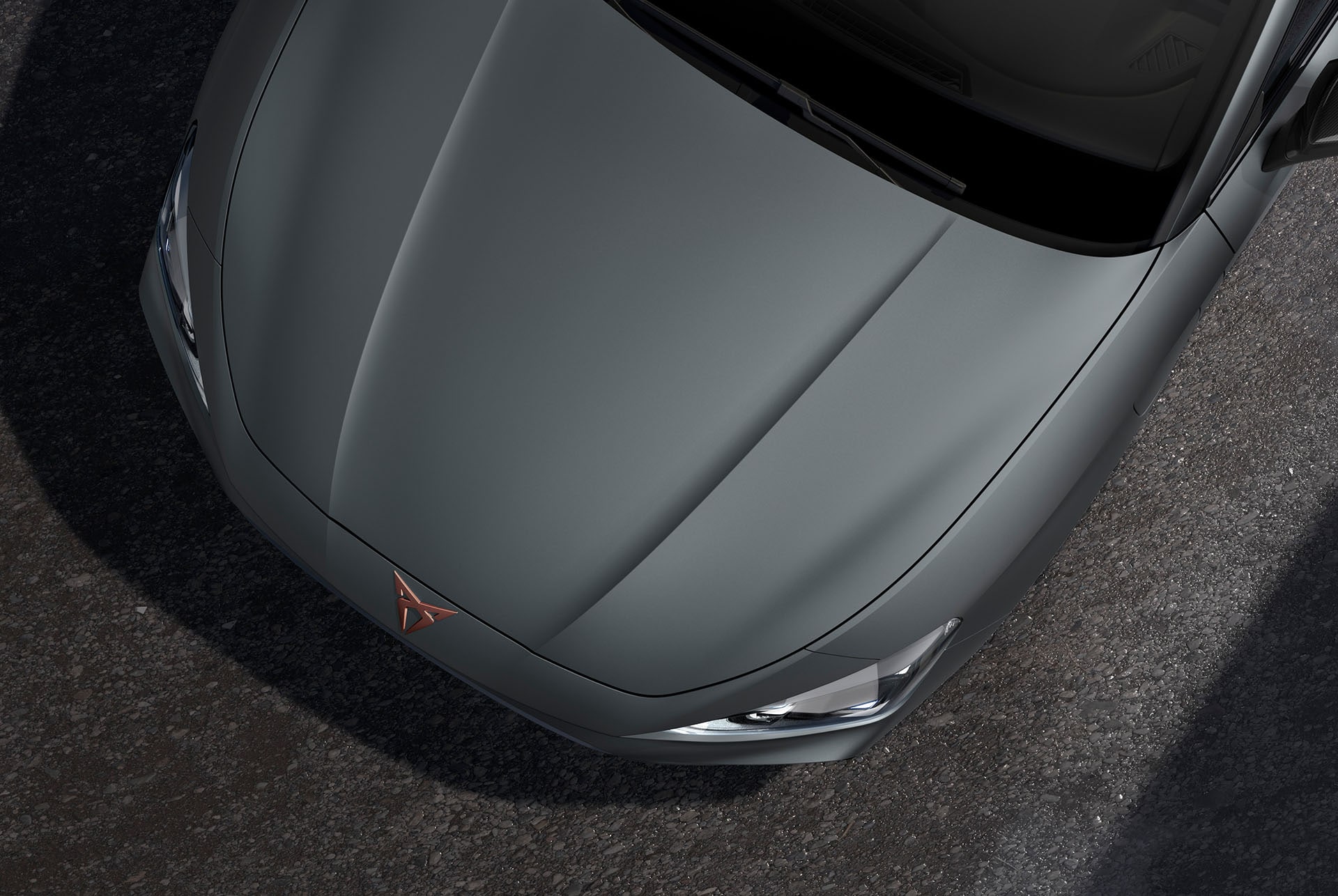 bird’s eye view of an enceladus grey matt new cupra leon sportstourer 2025 car hood