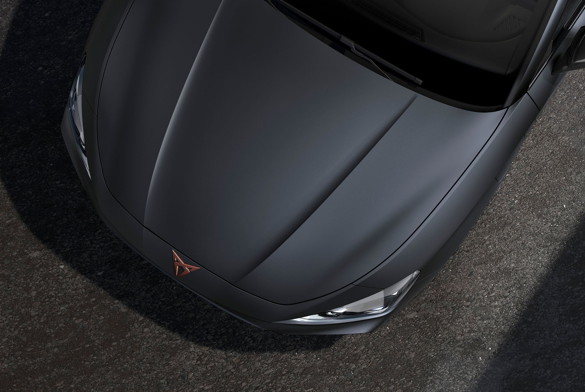 bird’s eye view of a magnetic tech grey matt new cupra leon sportstourer 2025 car hood