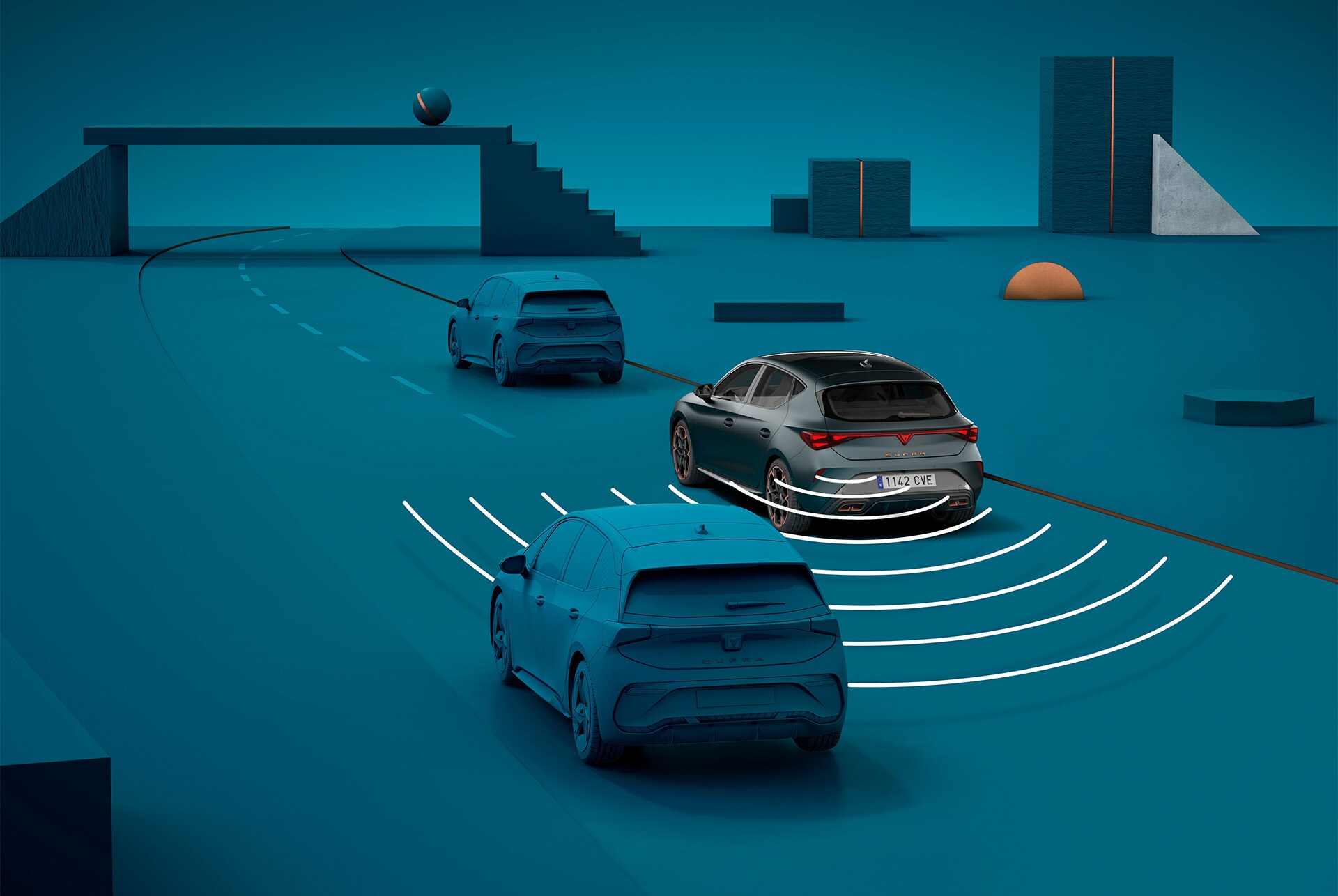 how to use new cupra leon sportstourer 2025 exit warning system, visual demo with shapes and blue background