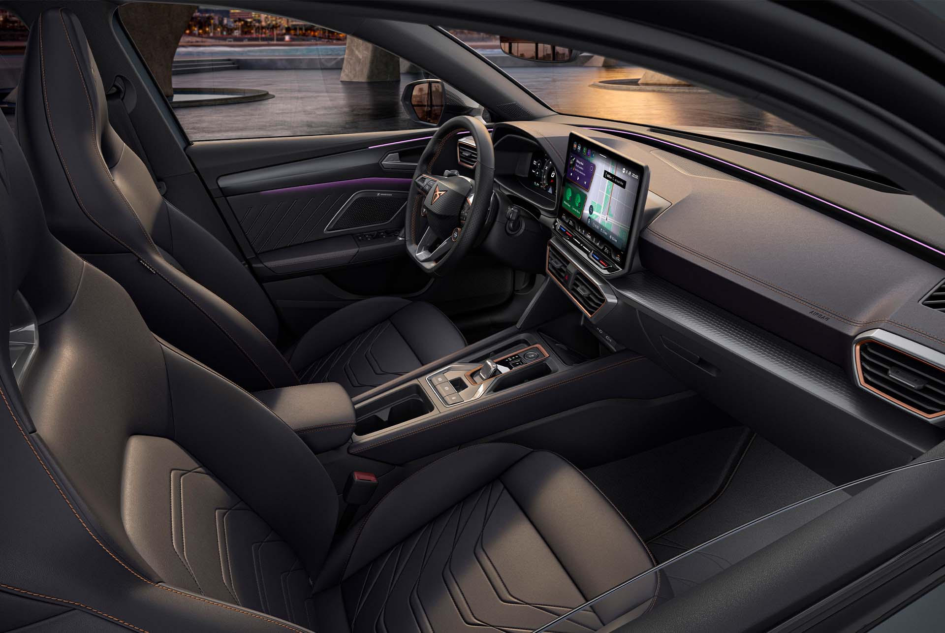 new cupra leon sportstourer 2025 progressive interior design, bucket seats metallised leather seats with heating and electric with memory settings for the driver and front-seat passenger.
