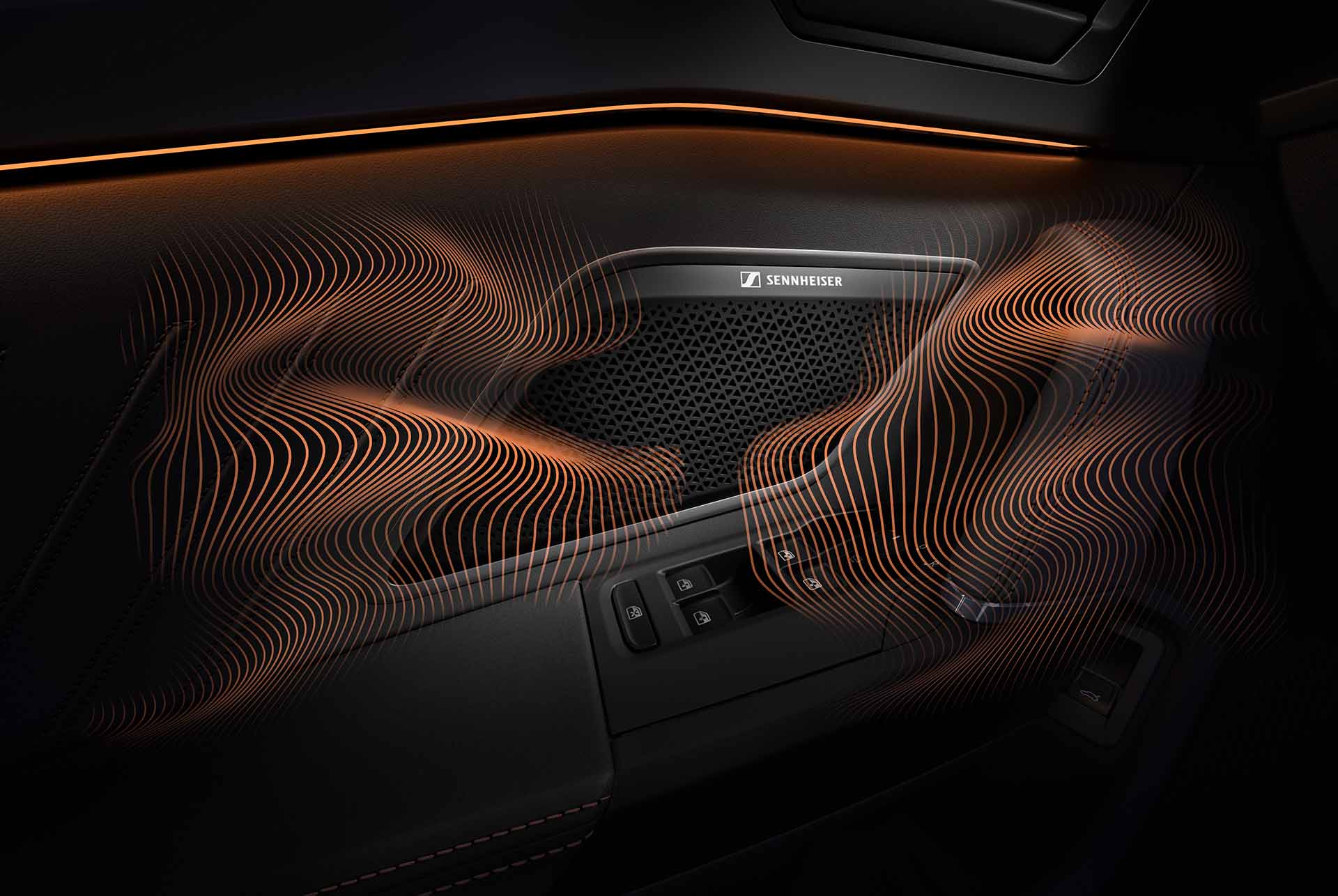 new cupra leon sportstourer 2025 immersive by sennheiser equipment upgrade technology. close up of sennheiser speaker on cupra leon sportstourer door panel, sound waves and ambient lighting.