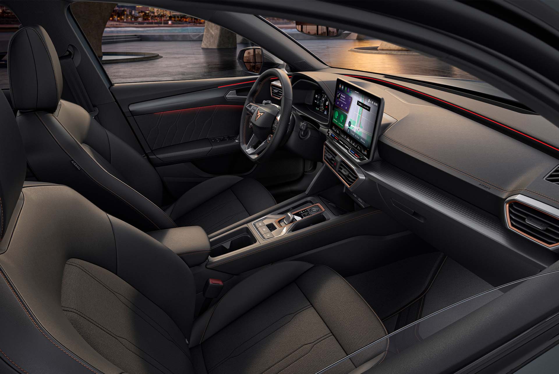 new cupra leon sportstourer 2025 dynamic interior design, sporty bucket seats, ambient lighting, infotainment