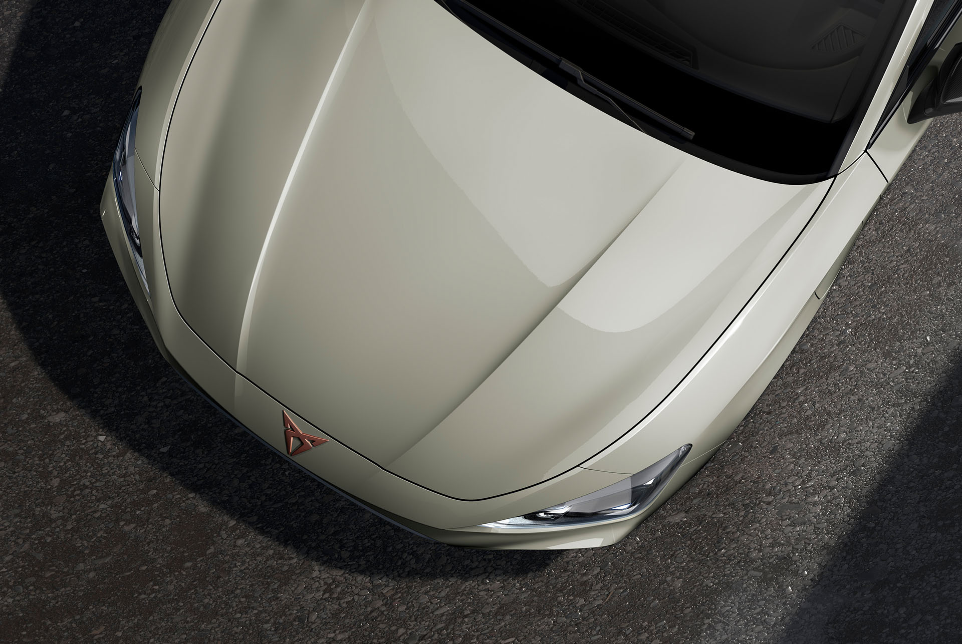 bird’s eye view of a taiga grey new cupra leon sportstourer 2025 car hood