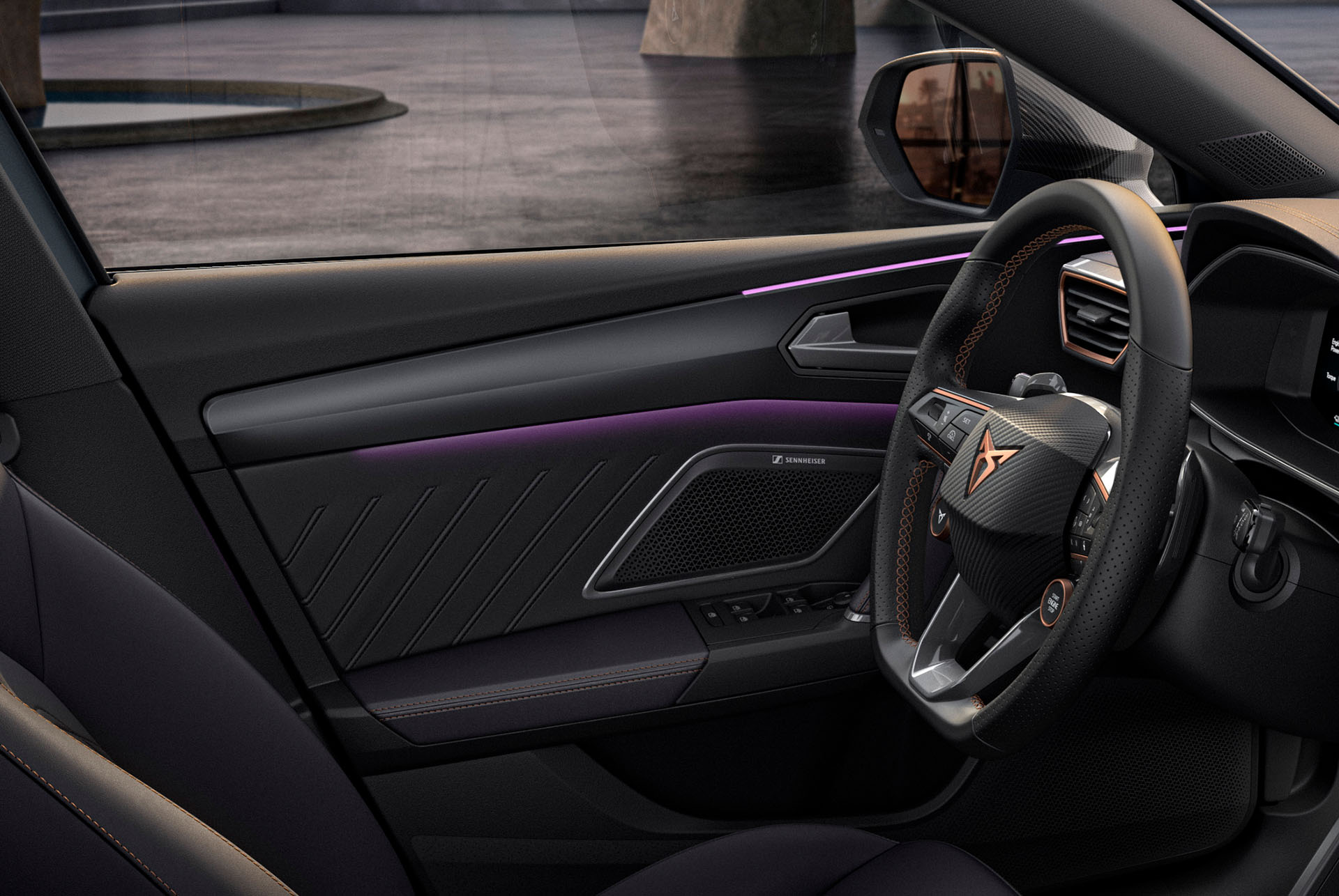 close up of new cupra leon sportstourer 2025 interior design, sterring wheel, door panel, ambient lighting, cupra logo and window