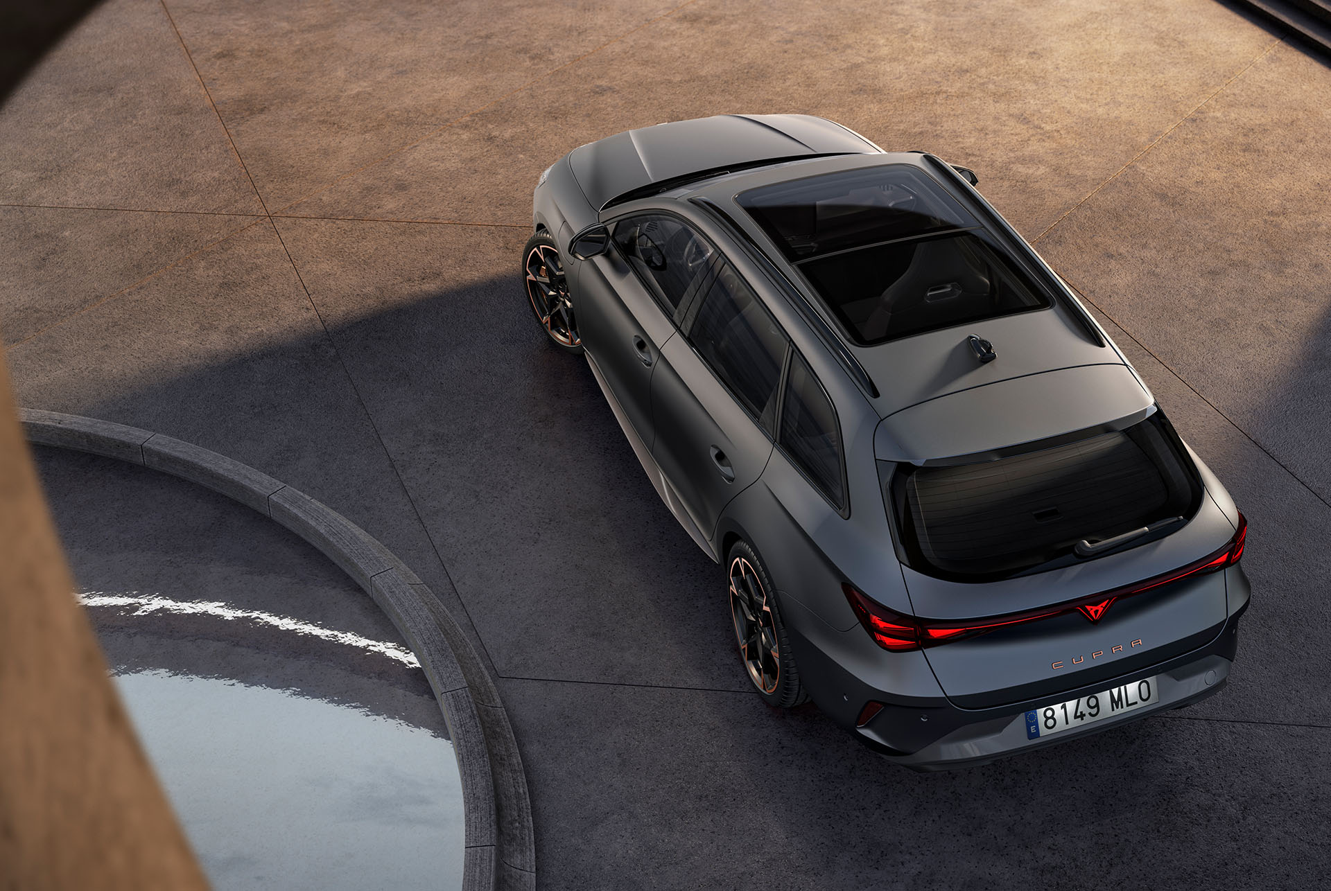 new cupra leon sportstourer 2025 hybrid car technology, parked on concrete, eagle eye with panorama sunroof and electric tailgate