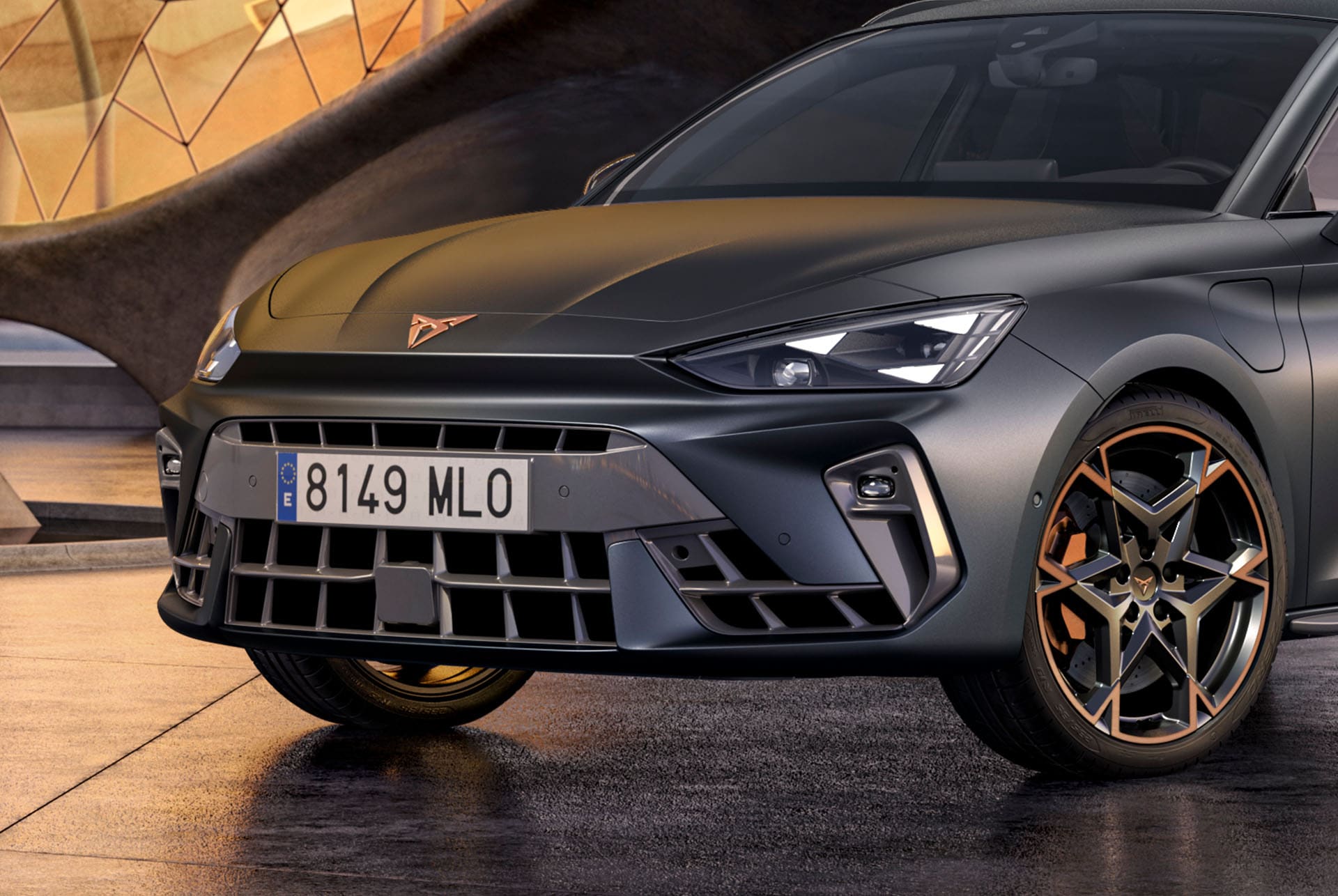 new cupra leon sportstourer 2025 hybrid car technology, parked on concrete, cityscape and architectural concrete structure with cupra matrix led headlights