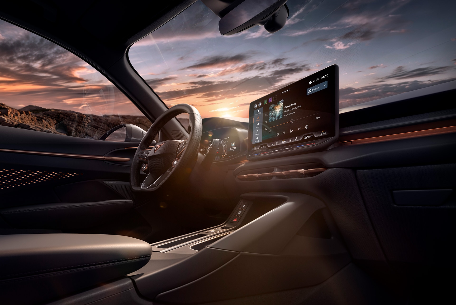 new cupra terramar 2025 interior car technology featuring a 12.9 inch infotainment system, heated steering wheel with satellite buttons, and a central console. dashboard view. 